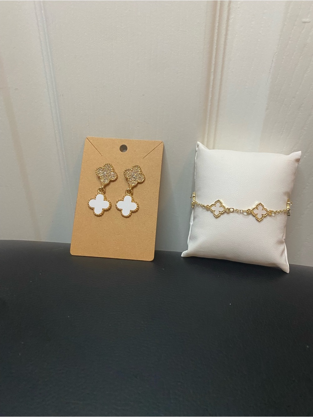 Gold-tone Clover zinc a Earrings & stainless steel Bracelet Set with White Inlay